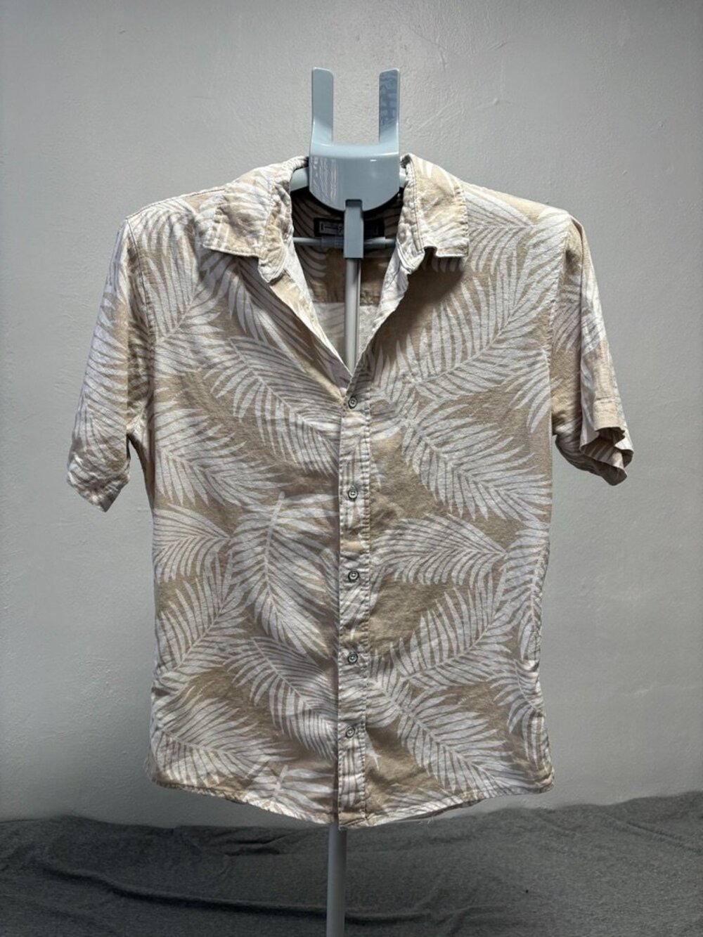 PD&C Men M Linen Blend Casual Button Down Tropical Palm Leaf Short Sleeve Shirt